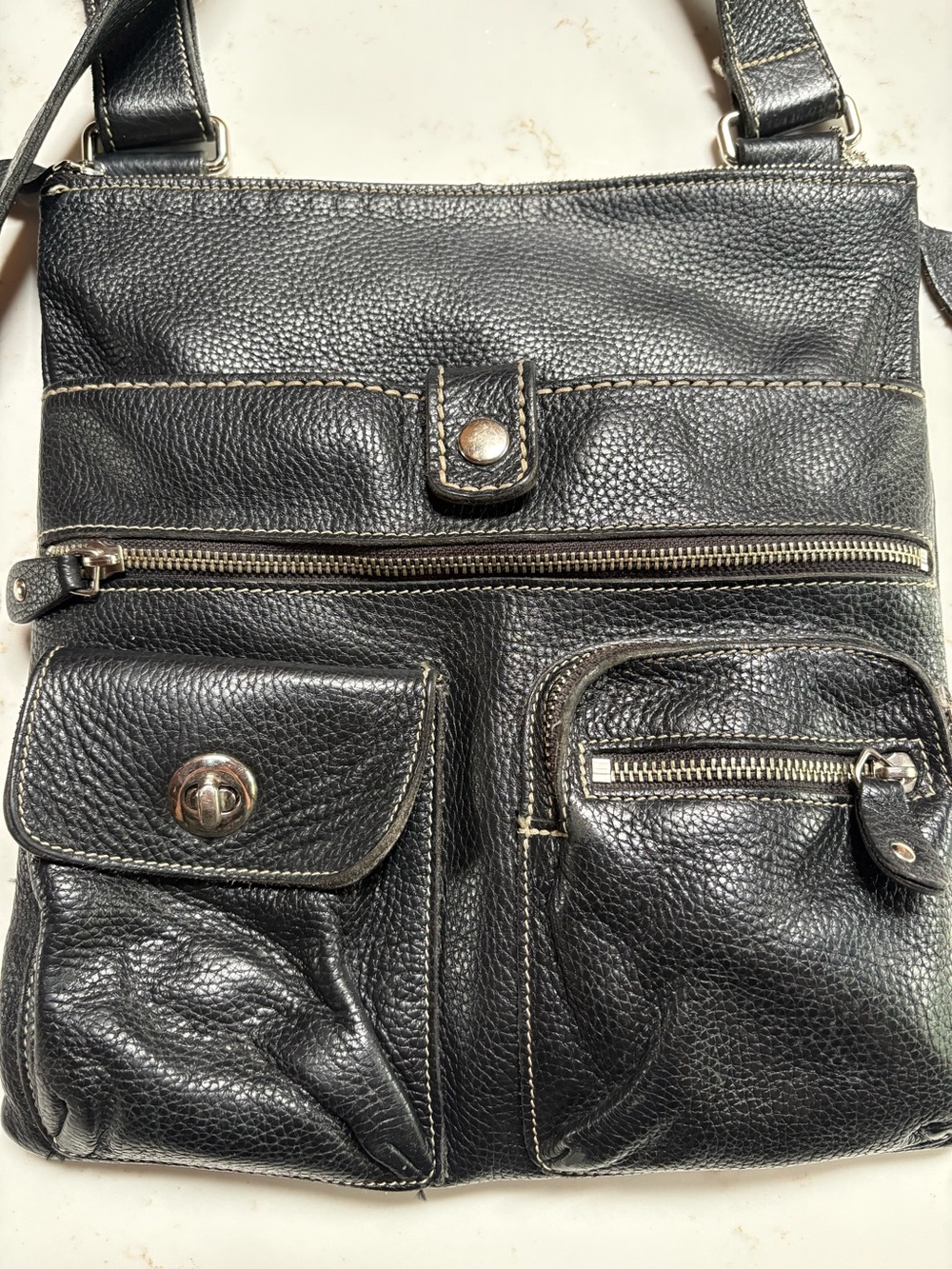 Classic Roots Black Leather Multi-Pocket Crossbody Bag